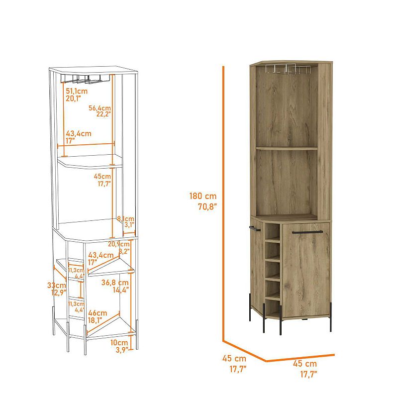 Reese Corner Bar Cabinet， Two Shelves， Double Door Cabinet， Five Built-in Wine Rack， Four Interior Shelves