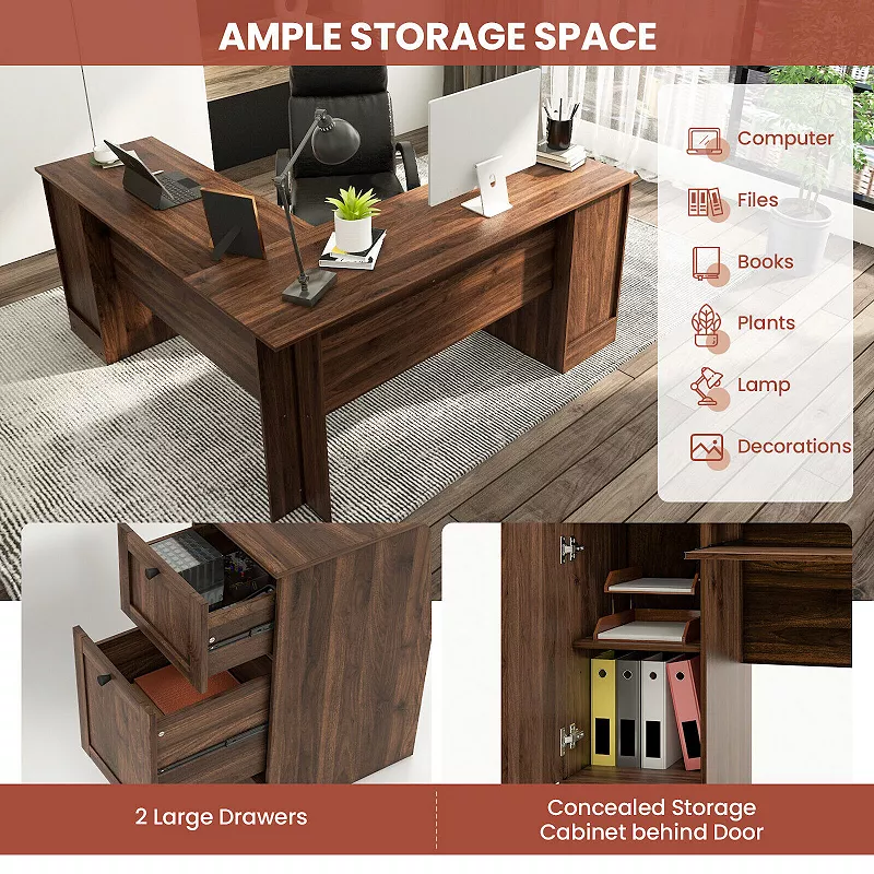 L-Shaped Office Desk with Storage Drawers and Keyboard Tray