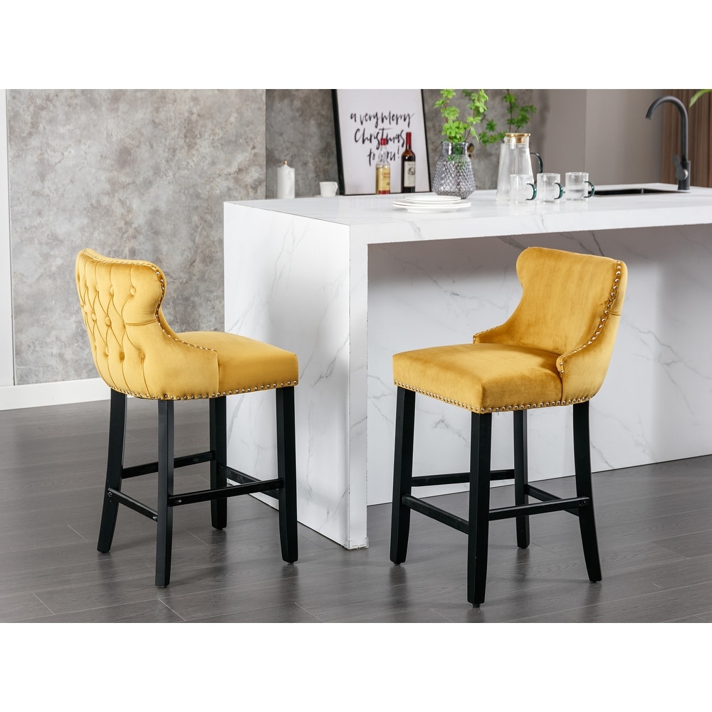 Contemporary Velvet Bar Upholstered Wing Back Barstools with Button Tufted Decoration and Wooden Legs  Set of 4