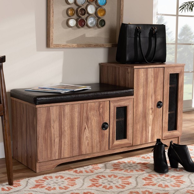 2 Door Valina Faux Leather Wood Shoe Storage Bench With Cabinet Brown Baxton Studio