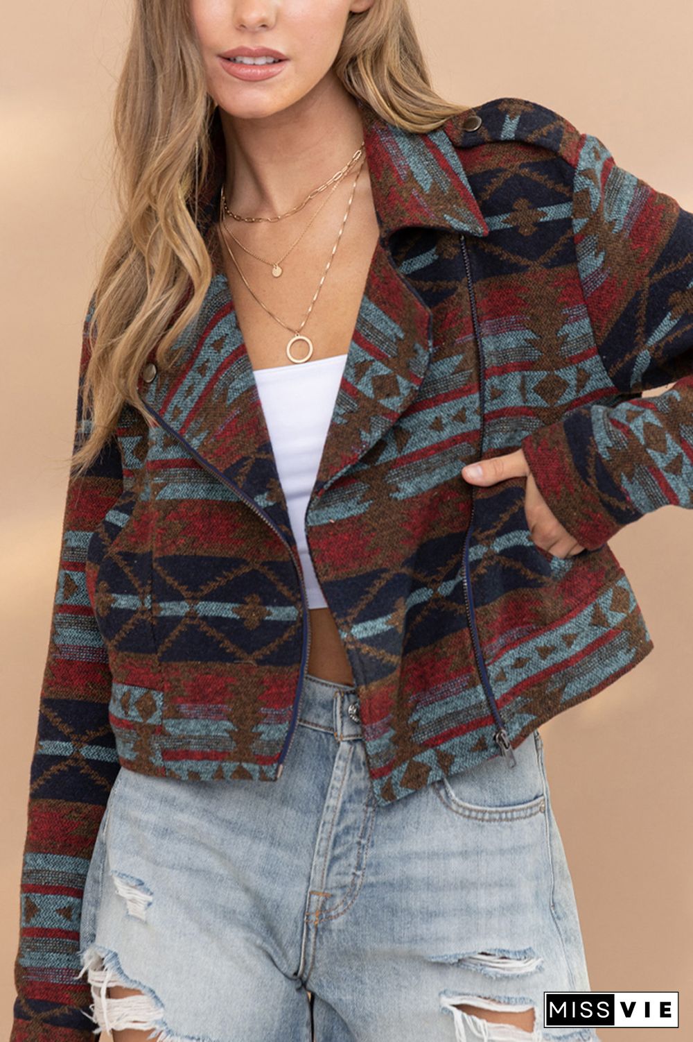 Aztec Print Lapel Pockets Short Jacket Coat