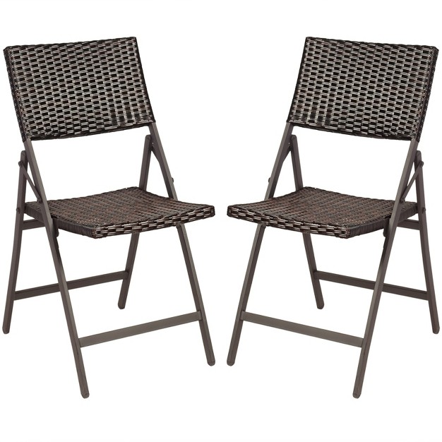 Tangkula 2 Pcs Outdoor Rattan Folding Dining Chairs Patio Wicker Portable Chairs For Balcony Garden Lawn Brown