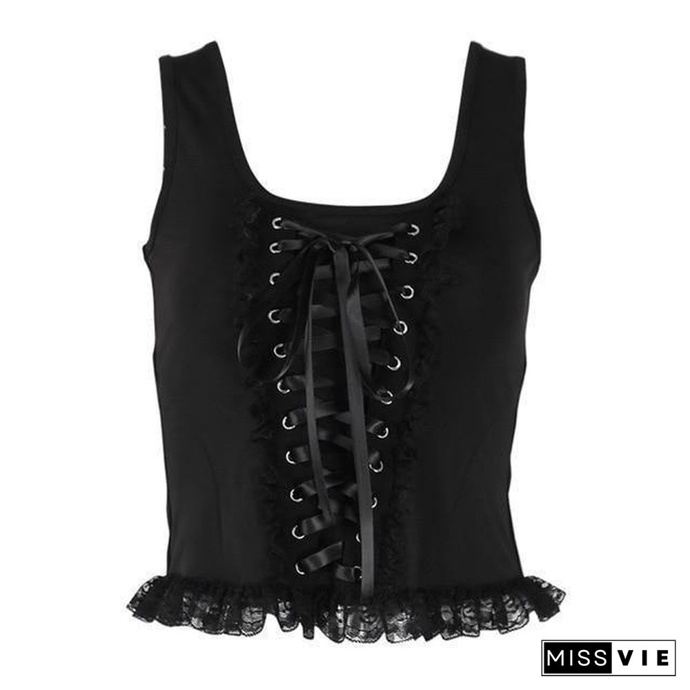 InsGoth Black Bandage Tank Tops Gothic Grunge Vintage Lace Women Tank Top Streetwear Sleeveless Sext Mesh Ruch Ruffle Tops