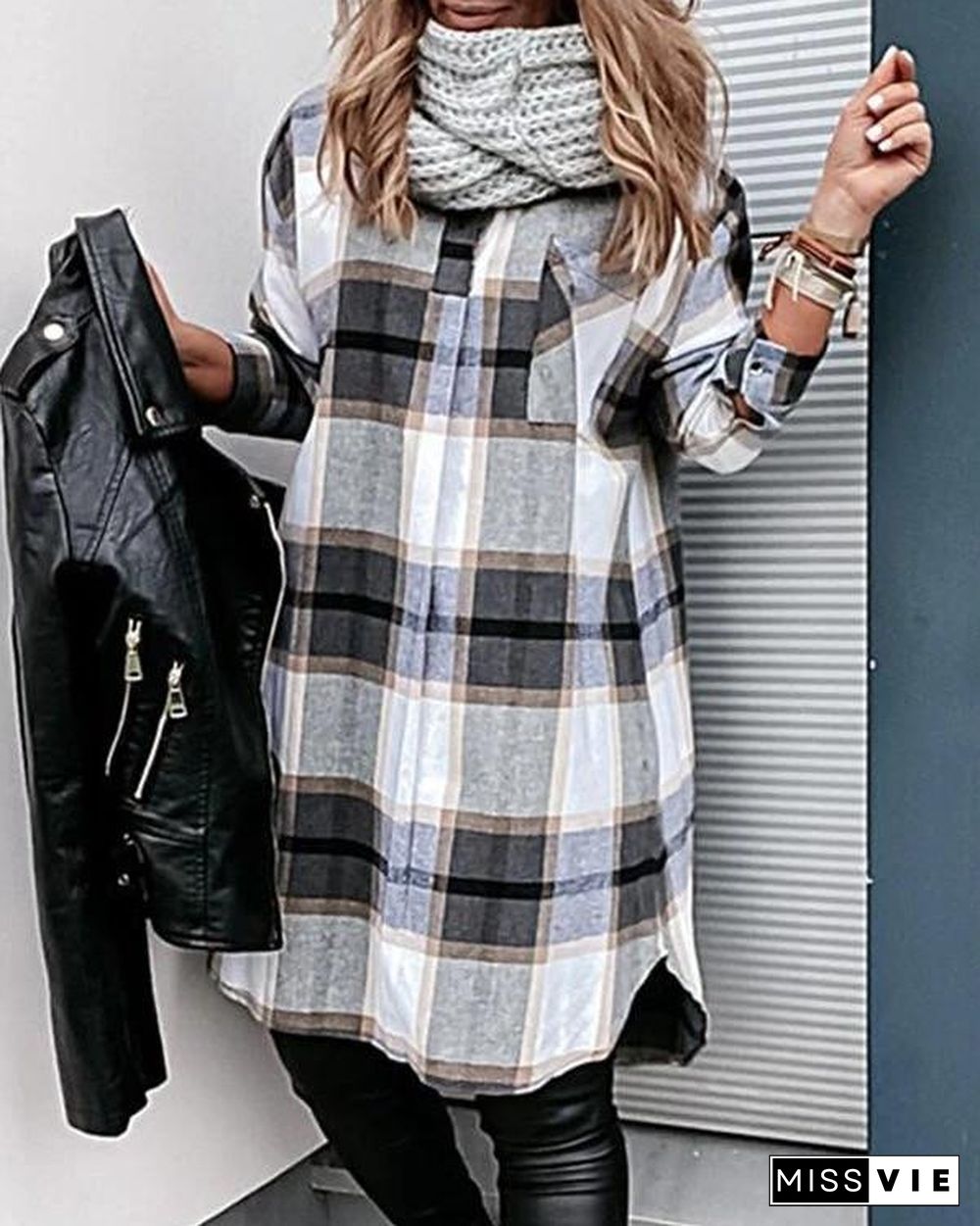 Check Pocket Long Sleeve Casual Shirt Dress