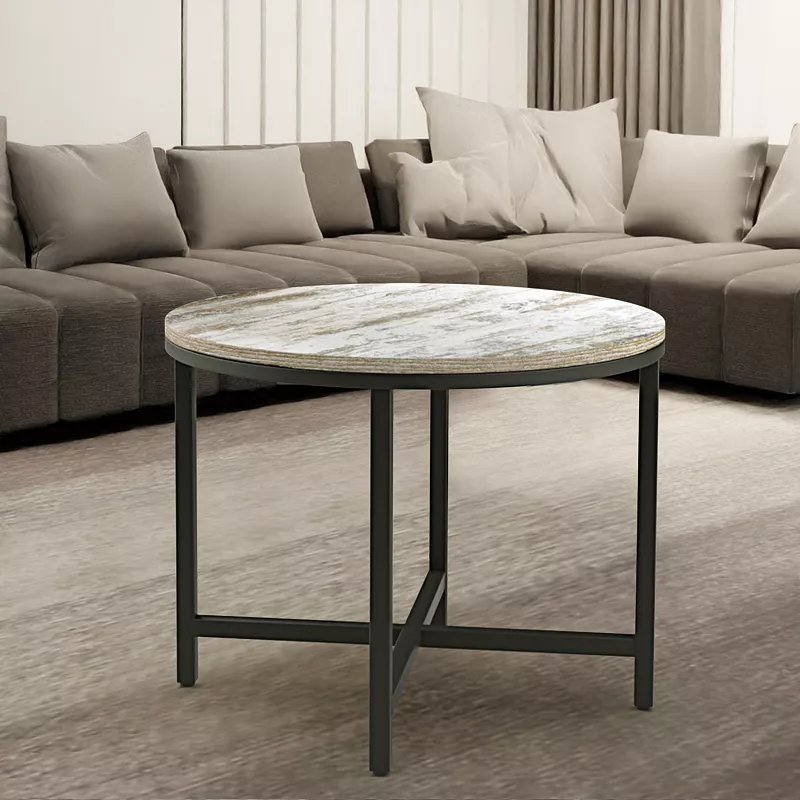 24 inches Faux Marble Round Coffee Table with Metal X-Base