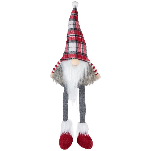 Red Gray And White Plaid Sitting Gnome Christmas Decoration