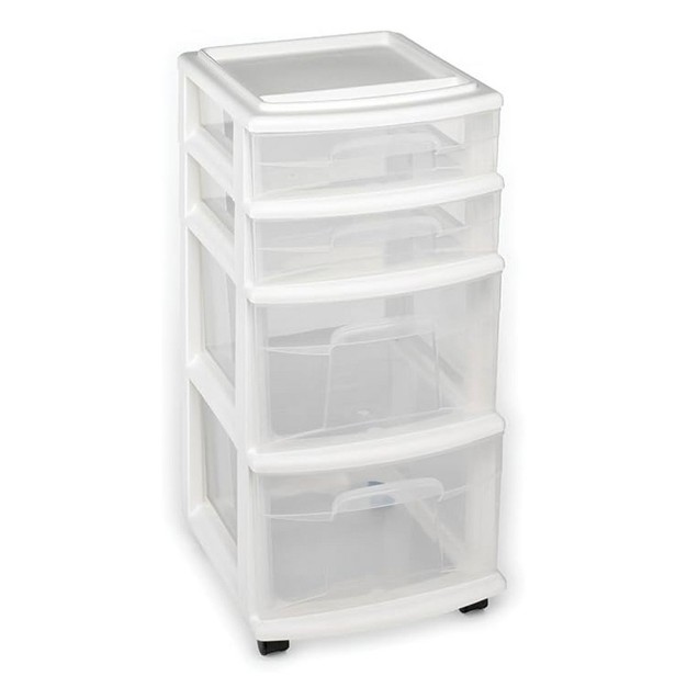 Homz Clear Plastic 4 Drawer Medium Home Storage Container Tower W 2 Large And 2 Small Drawers And Removeable Caster Wheels White Frame 2 Pack