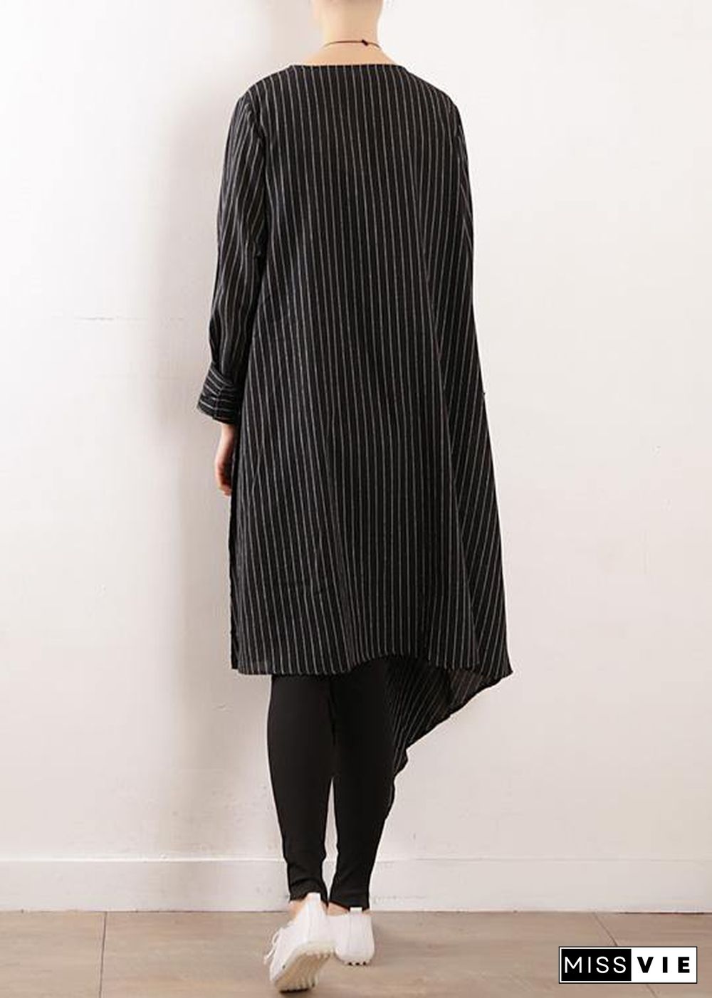 Organic black striped cotton Long Shirts v neck asymmetric Maxi Dresses