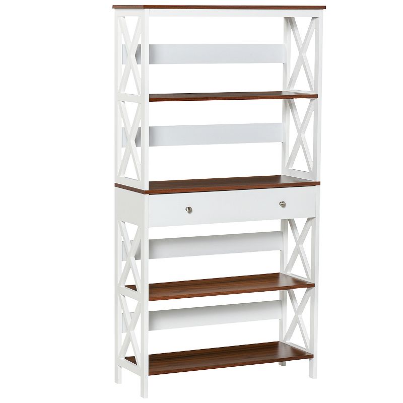 HOMCOM 4 Tier Shelving Bookcase Storage Cupboard with Pull Out Drawer and Wooden Frame with X Bar Stability White