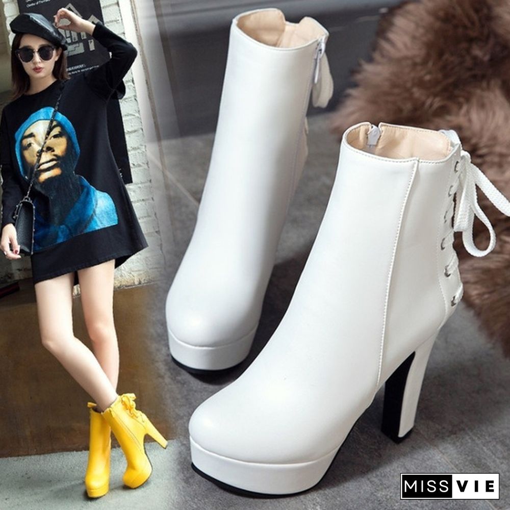 New Women Winter Boots Ladies Fashion Platform High Heel Back Lace Up Zipper Martin Ankle Boots Short Boots Botas Plus Size 34-50