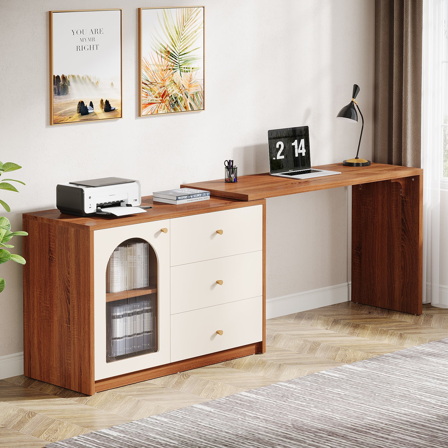 L-Shaped Computer Desk, Corner Office Desk with Reversible Storage Cabinet