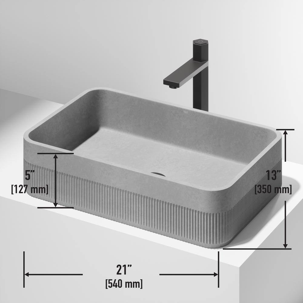 VIGO Cypress Modern Gray Concreto Stone 21 in. L x 14 in. W x 5 in. H Rectangular Fluted Bathroom Vessel Sink VG04075