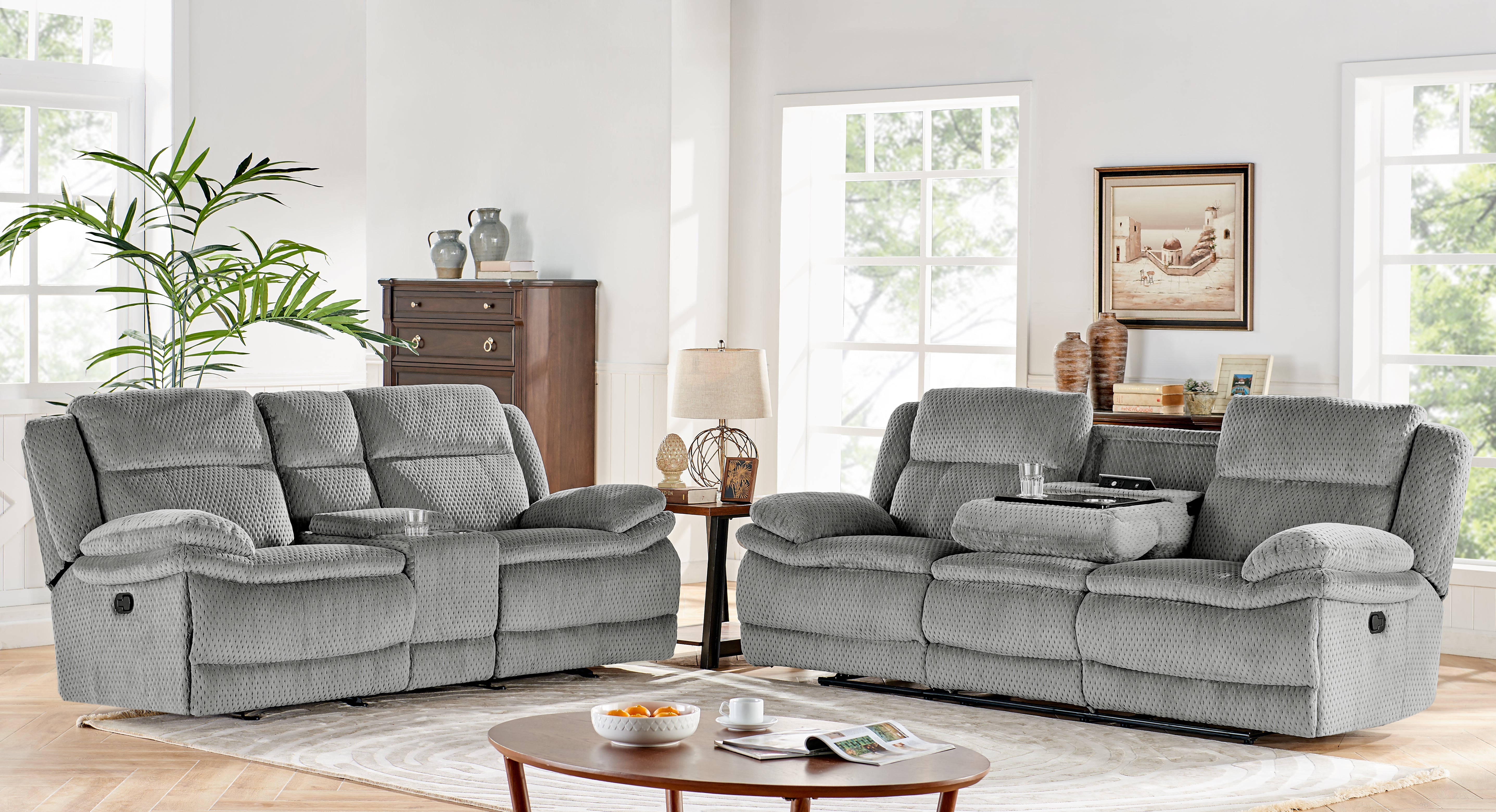 Comet Ash Manual Reclining Sofa with Drop Down and Loveseat with Console