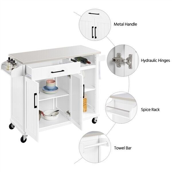 Kitchen Island Cart on Wheels with Stainless Top and Drawers and Towel Rack， White