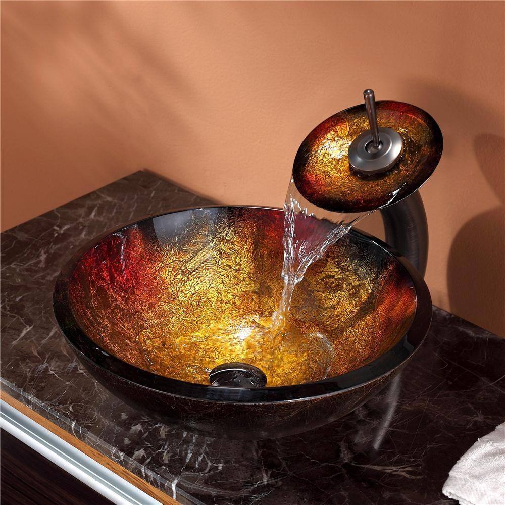 KRAUS Mercury Glass Vessel Sink in RedGold with Waterfall Faucet in Oil Rubbed Bronze C-GV-680-19mm-10ORB