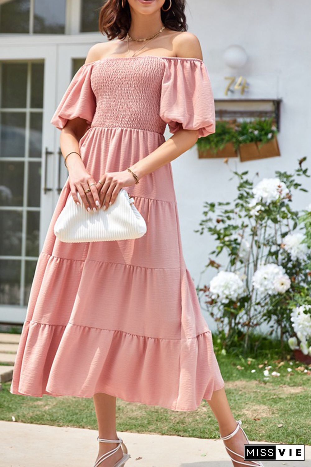 Square Neck Puff Sleeves Tiered Long Dress