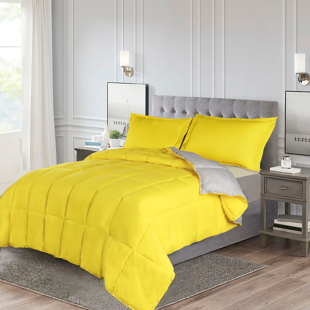 HIG 3 PCS Classic Reversible Comforter Set, Lightweight Down Alternative Bedding Set, Yellow/ Light Gray, Queen Size