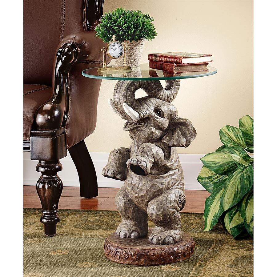 Design Toscano Good Fortune Elephant Sculpture Glass Topped Table   16 x 16 x 21.5