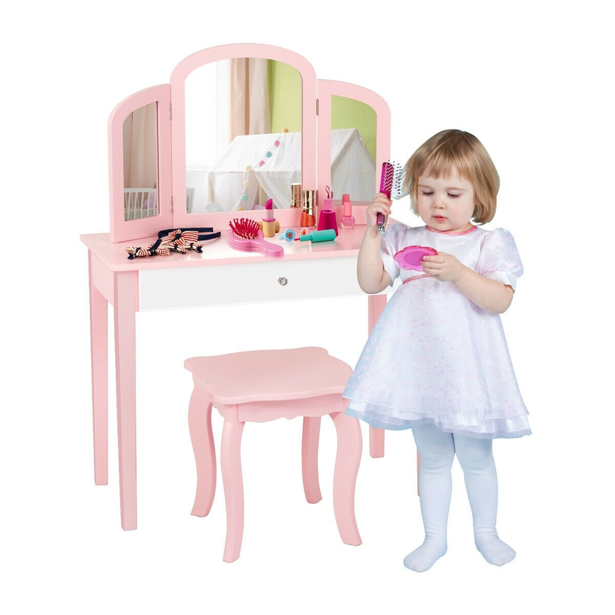 Costzon Kids Vanity Table, 2-in-1 Vanity Set with Detachable Top, Pretend Beauty Play Vanity Set for Girls