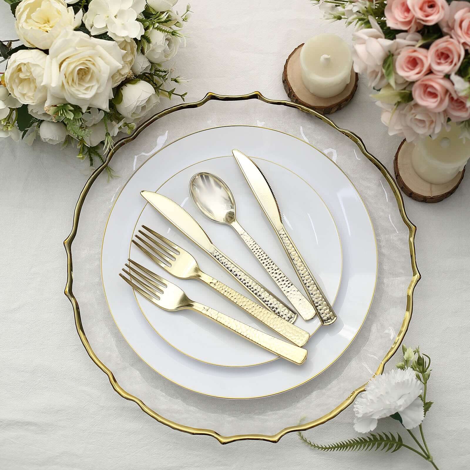 24 Pack Hammered Design Gold Heavy Duty Plastic Silverware Set 7