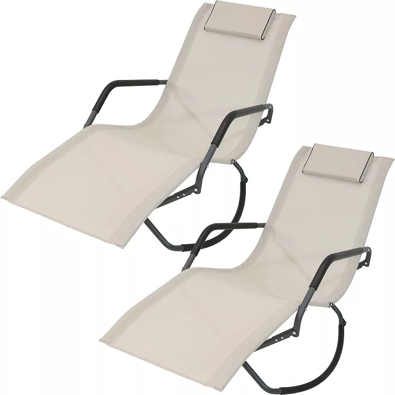 Sunnydaze Folding Rocking Chaise Lounger with Pillow - Beige - Set of 2