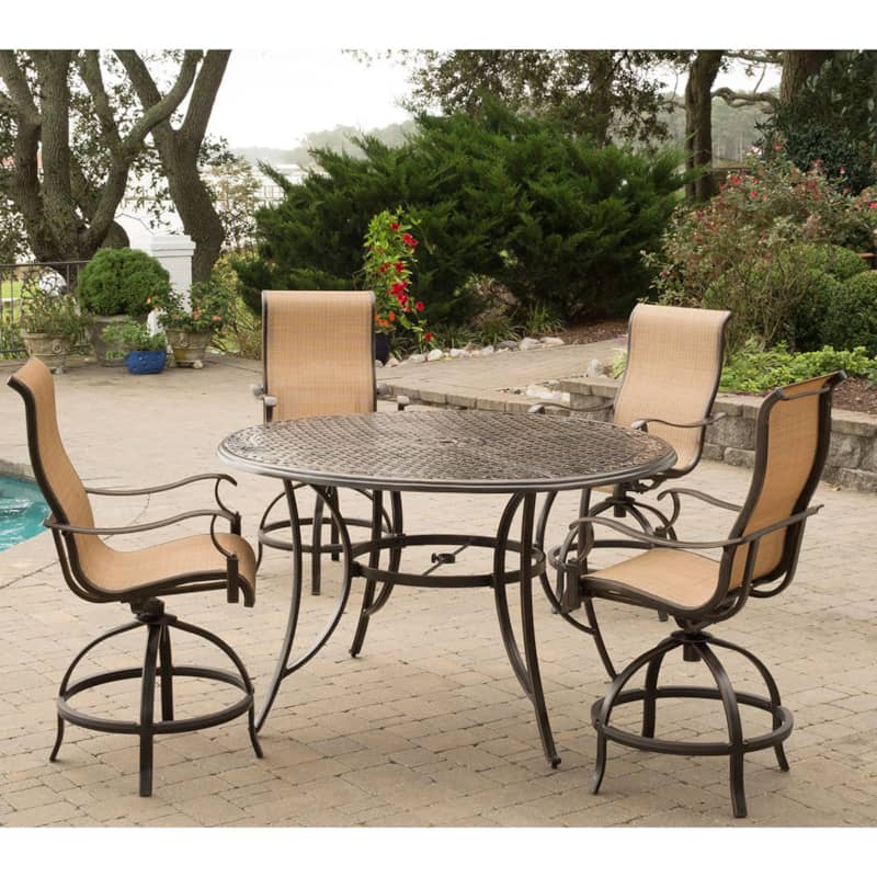 Hanover Manor 5-Piece Outdoor Dining Set In Tan/Bronze With 4 Counter-Height Swivel Chairs， 56 Cast-Top Table