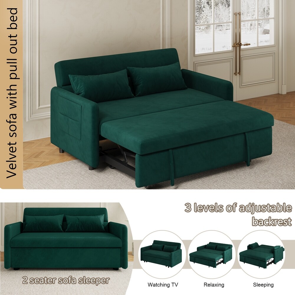 Modern Sleeper Loveseat with Pull out Sofa Bed  Pillows for Living Room  Velvet Folding Loveseat Recliner Bed with Pocket  Green