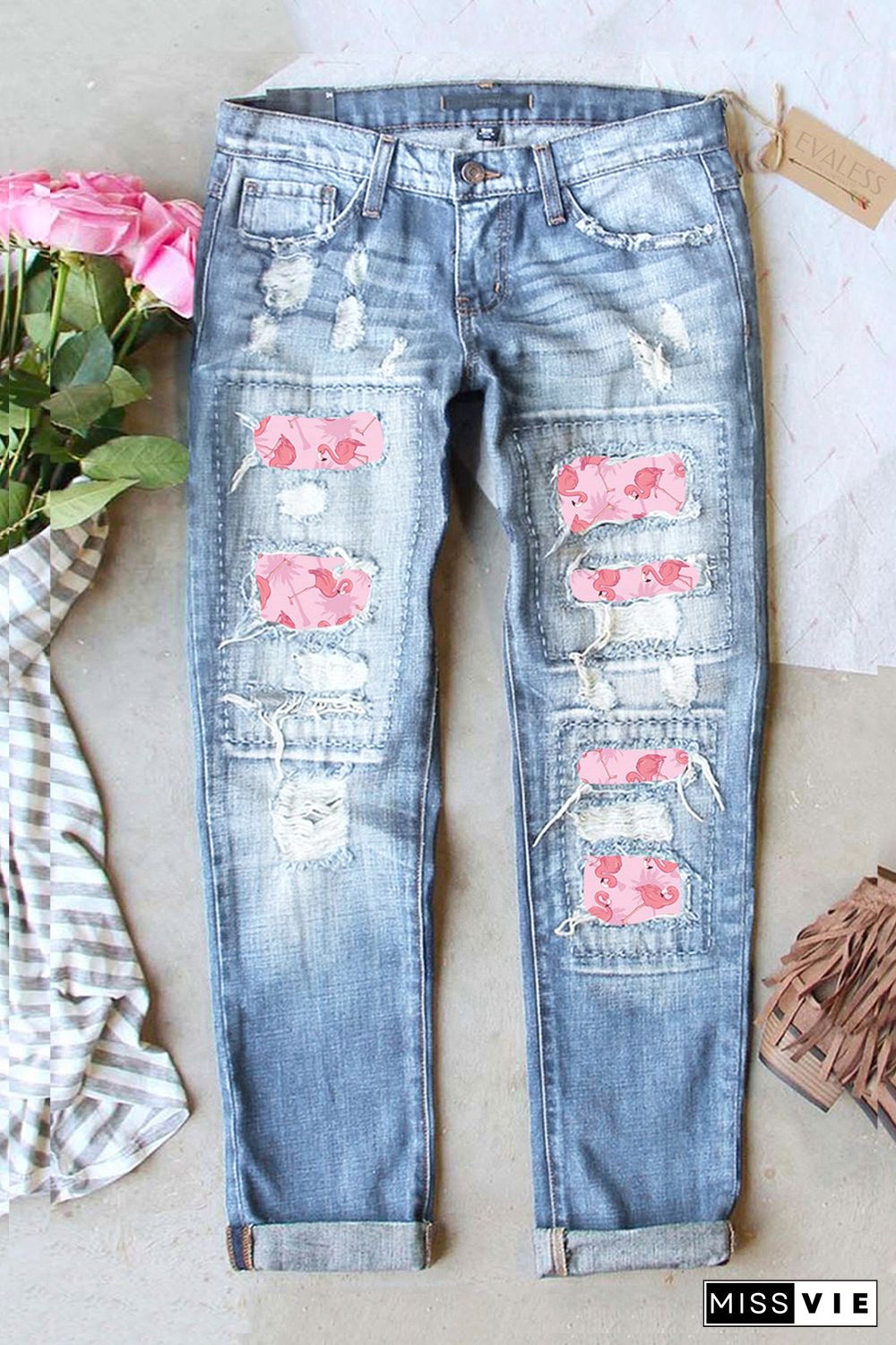 Sky Blue Flamingo Patches Distressed Straight Jeans