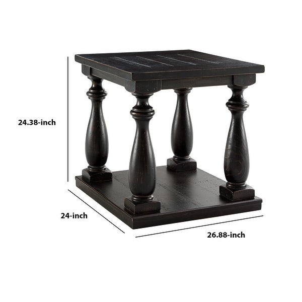 Plank Style Wooden End Table with Turned Legs and Open Bottom Shelf， Black - 24.38 H x 26.88 W x 24 L