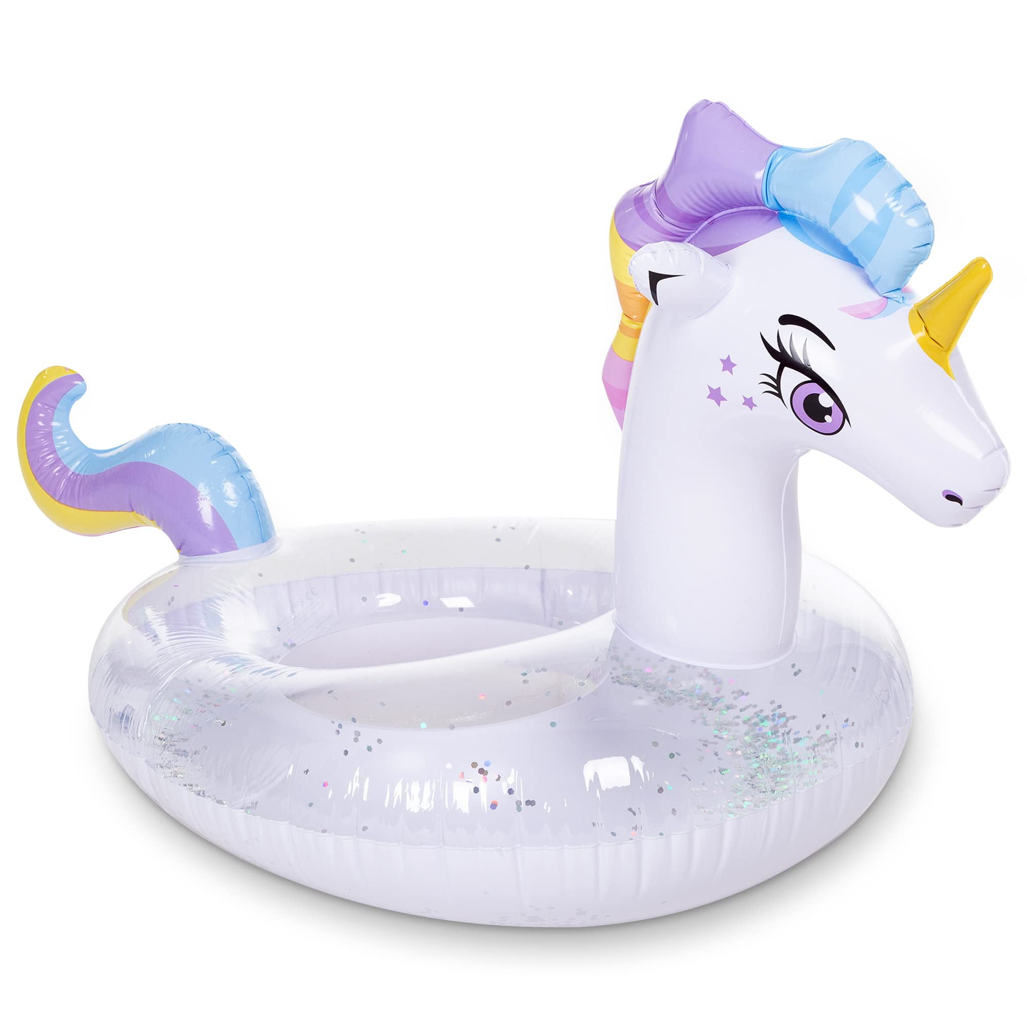 Inflatable Unicorn Pool Float with Glitters, Tubes for Floating, Fun Beach Floaties, Pool Toys, Summer Party Decorations for Kids (51” x 33.5” x 32.5”)