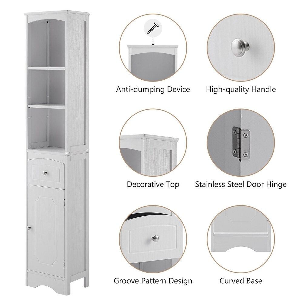 Linen Tower Floor Storage Cabinet with Drawer and Adjustable Shelf  Free Standing Tall Bathroom Storage Furniture Cabinet  White