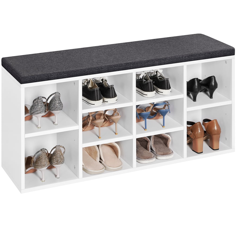 Topeakmart 41.5'' Shoe Storage Bench Organizer with 10 cubbies and Cushion Seat， White