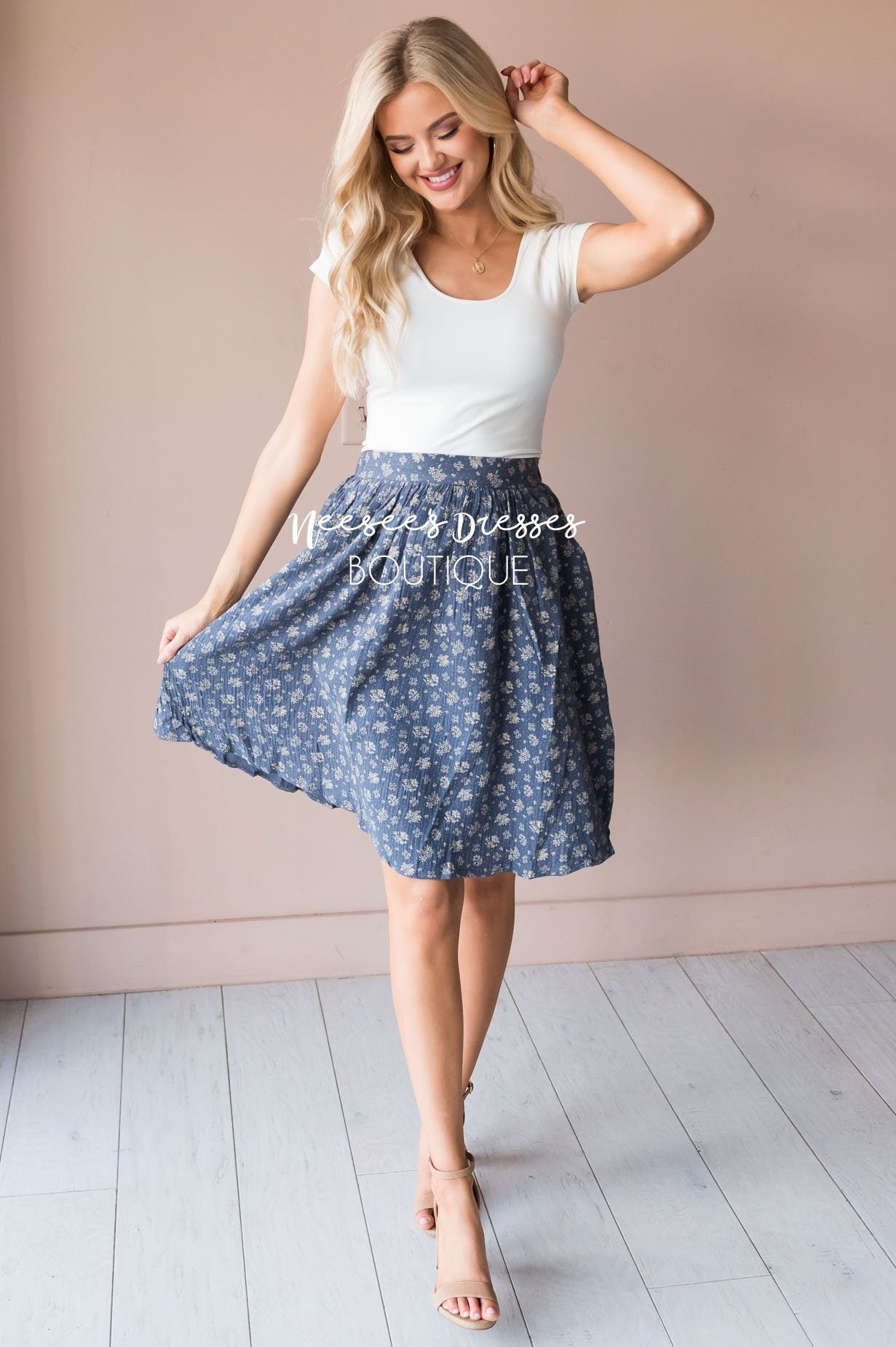 Slate Blue & Cream Modest Textured Skirt