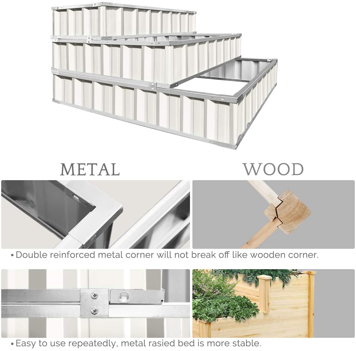 3 Tiers Raised Garden Bed Dismountable Frame Galvanized  Metal Patio Garden Elevated Planter Box 46\u2019\u2019x46\u2019\u2019x23.6\u2019\u2019 for Growing Vegetables  (Ivory)