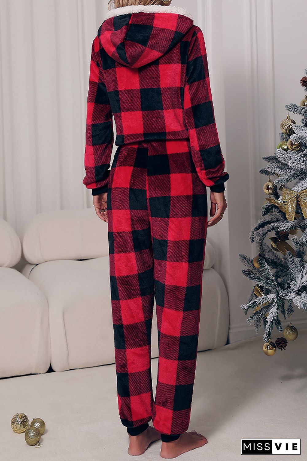 Red Buffalo Plaid Hooded Flannel Jumpsuit