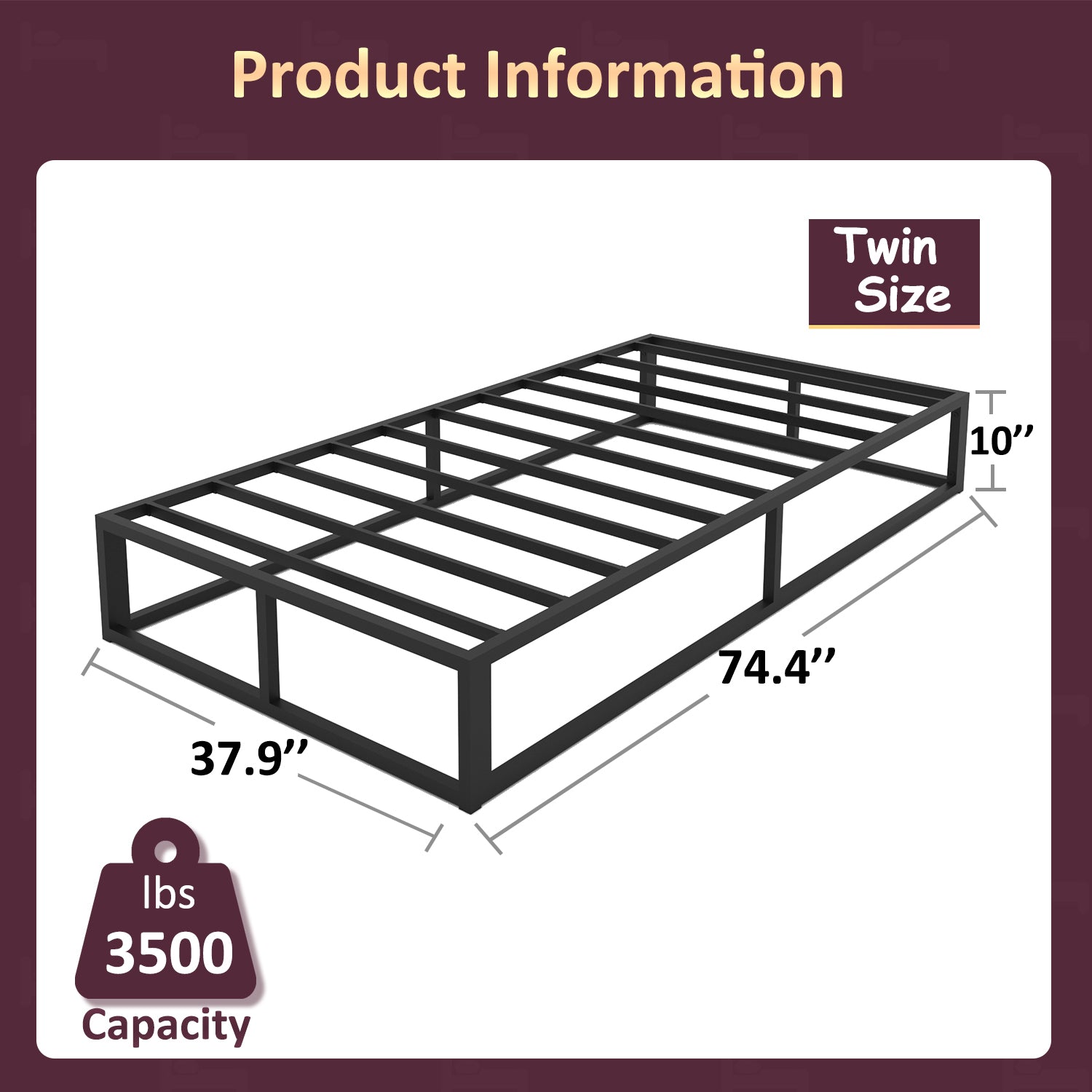 10 Inch Twin Bed Frame with Steel Slat Support, Low Profile Twin Metal Platform Bed Frame Support Mattress Foundation, No Box Spring Needed / Easy Assembly / Noise Free