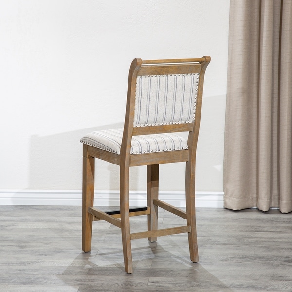 Counter Dining Chair， Rustic Gray Finish， Gray Stripe Fabric Seat