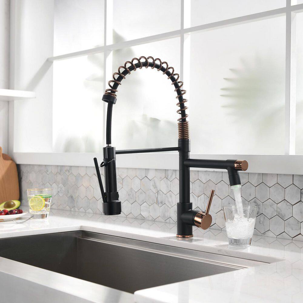 Boyel Living 1.8 GPM Single Handle Pull Down Sprayer Kitchen Faucet with LED Light and Pot Filler in Matte Black Mix Rose Gold BL-2BR91-LED