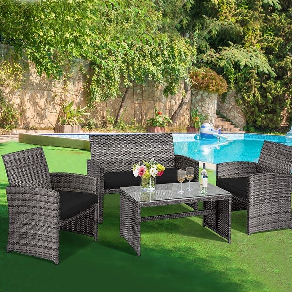 Costway 4PCS Patio Rattan Furniture Set Conversation Glass Table Top