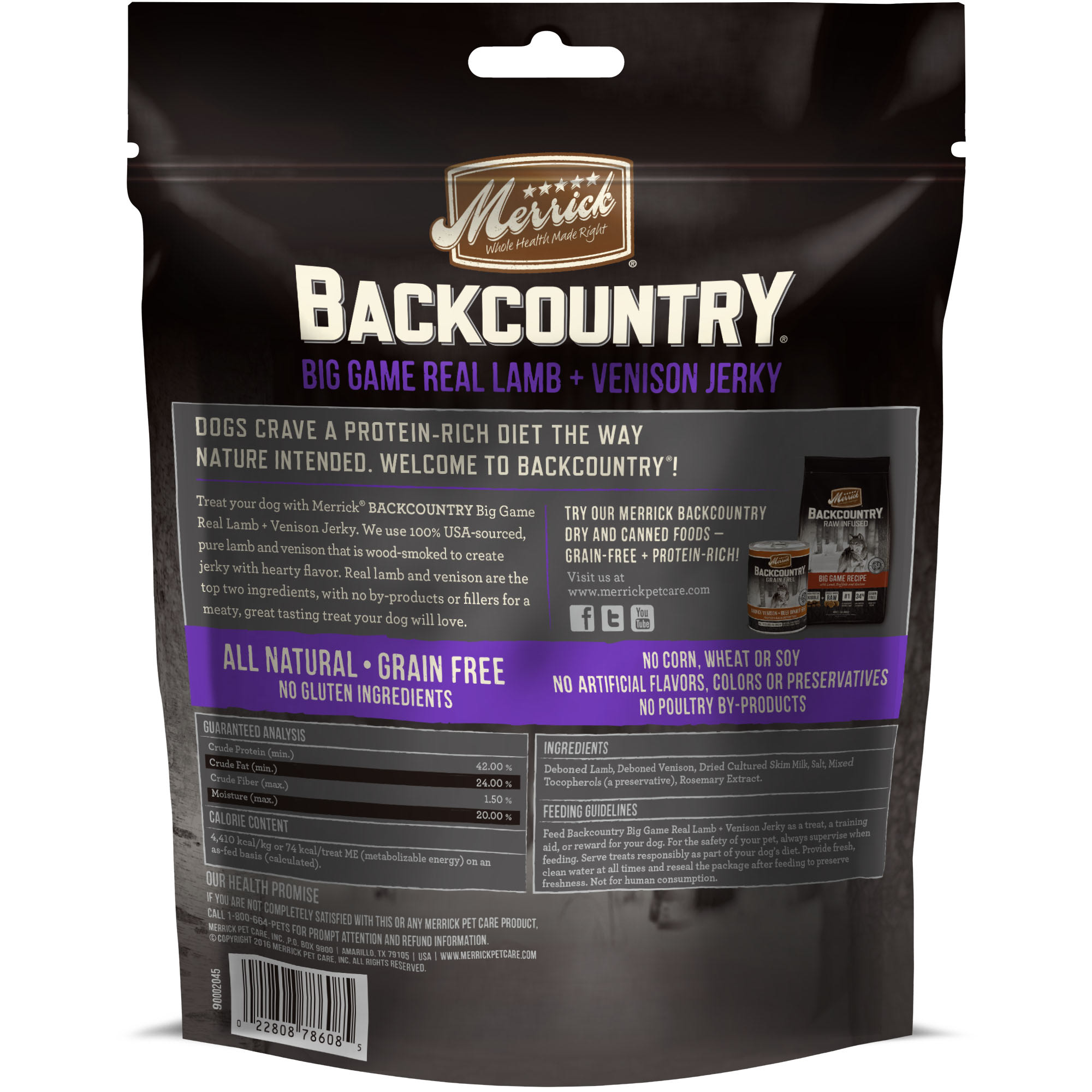 Merrick Backcountry Big Game Real Lamb + Venison Jerky Grain Free Dog Treats， 4.5 oz.