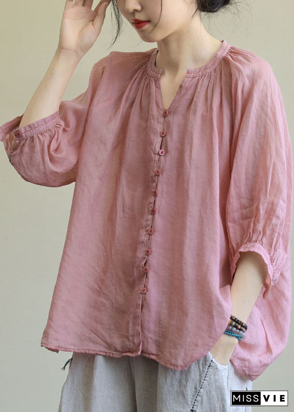 Italian Pink-purple flower V Neck Button Loose Fall Half Sleeve Blouse Top