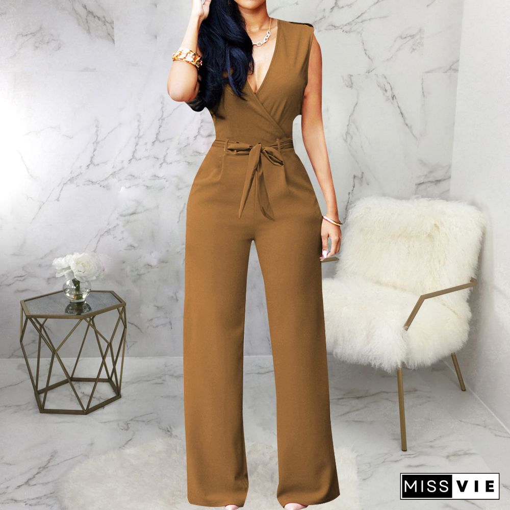 V Neck with Sashes Elegant Straight Leg Jumpsuits