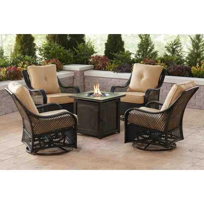 Orleans 5-Piece Steel Patio Fire Pit Conversation Set with Navy Blue Cushions, Swivel Gliders and Square Fire Pit Table