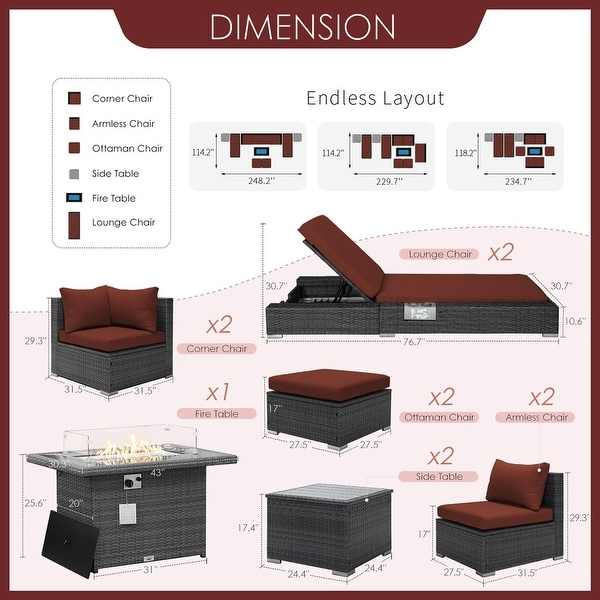 Nicesoul 11 Pieces Patio Furniture Set Outdoor Sectional Sofa with Firepit Table