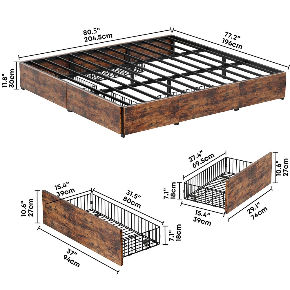 King Bed Frame with Storage  4 Drawers and Double Row Support Bars  Solid Stable  Noise Free