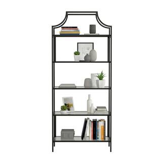 SAUDER Harvey Park 70.866 in.H Black Metal 5-Shelf Bookcase with Glass Shelves 425784