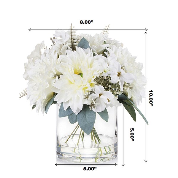 Enova Home Mixed Artificial Silk Dahlia Fake Flowers Arrangement in Clear Glass Vase with Faux Water for Home Office Decoration