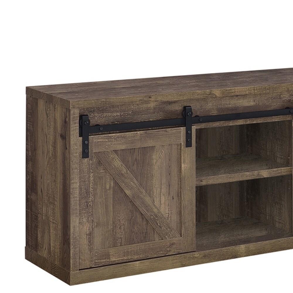 59 Inch Farmhouse Wooden TV Console With 2 Sliding Barn Doors  Rustic Brown