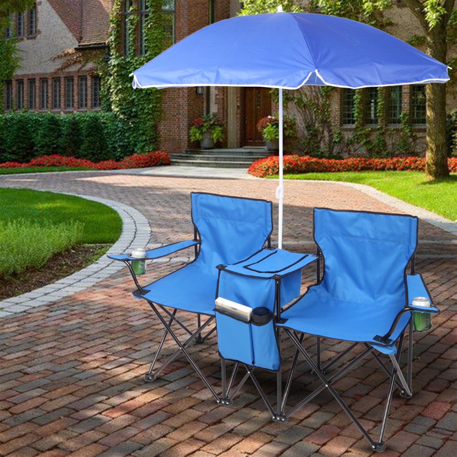 Arttoreal Double Beach Chair with Removable Umbrella Canopy，Portable Folding Beach Chair for Oudoor，Camping and Picnic，Blue