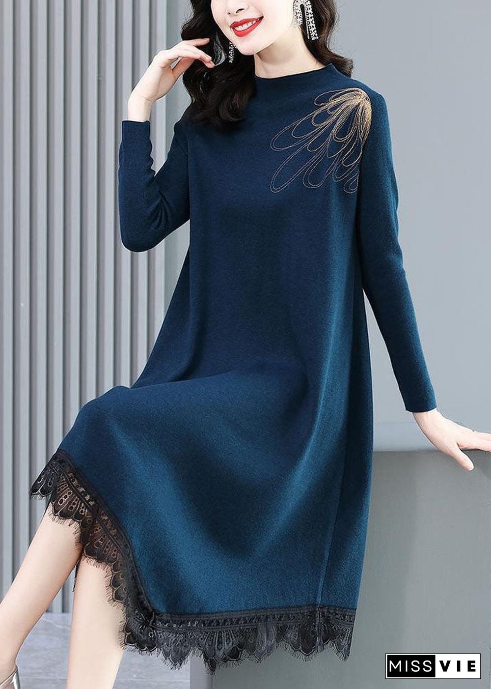 Casual Blue High Neck Lace Patchwork Knit Sweater Dress Long Sleeve